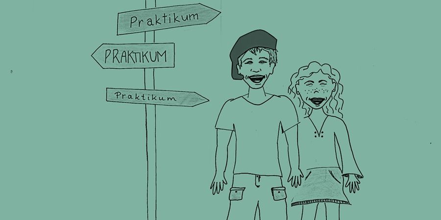 gezeichnetes Bild mit zwei jungen Menschen mit Wegschild zum Praktikum